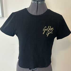Golden Girl Embroidered Script Tee - Black with Gold Thread